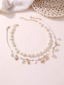 2pcs/Set Girls' Pearl Beaded Ocean Theme Shell, Starfish, Conch Pearl Necklace Set, Suitable For Daily Decoration And Holiday Decoration - White - View 1