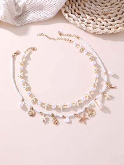 2pcs/Set Girls' Pearl Beaded Ocean Theme Shell, Starfish, Conch Pearl Necklace Set, Suitable For Daily Decoration And Holiday Decoration