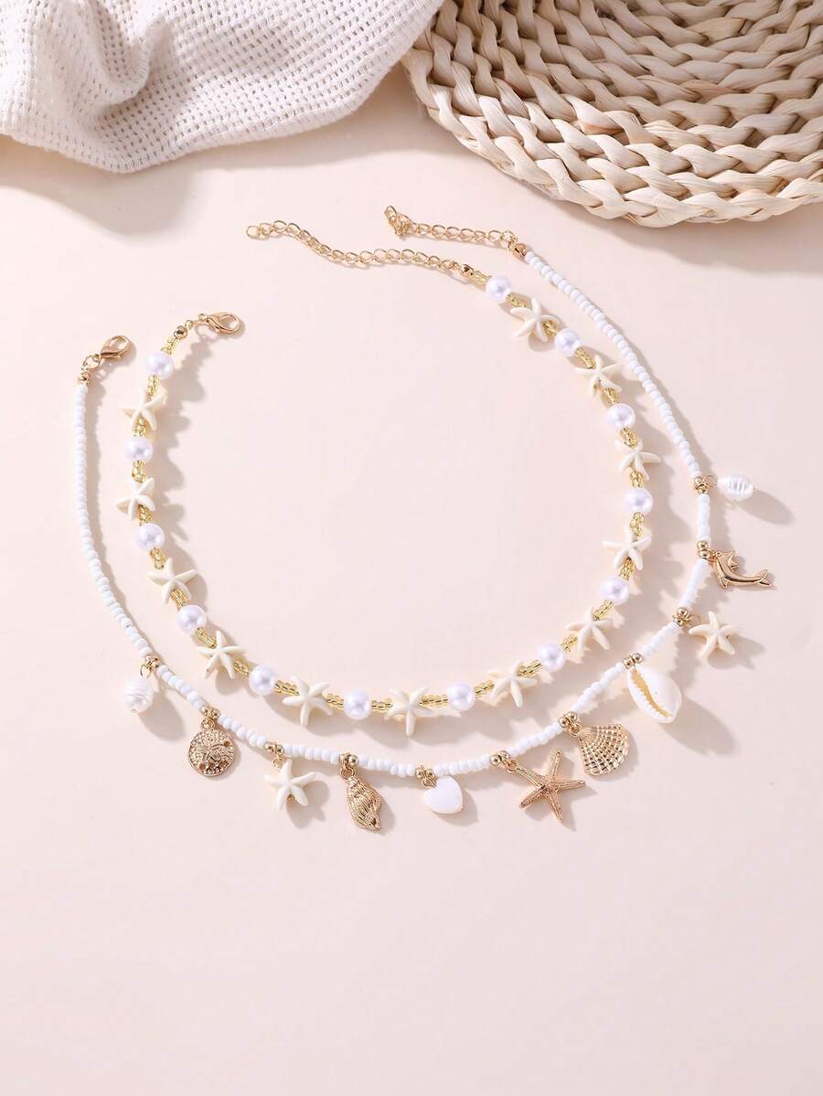 2pcs/Set Girls' Pearl Beaded Ocean Theme Shell, Starfish, Conch Pearl Necklace Set, Suitable For Daily Decoration And Holiday Decoration - White - View 1