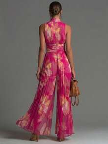 Women's Pleated Sleeveless High Neck Wide Leg Jumpsuit, Elegant Waistbanded Pleated Palazzo Jumpsuit, Formal Office Wear Sleeveless Pleated One-Piece Outfit, Casual Summer Pleated Wide Leg Jumpsuit - màu xanh lá - Xem 2