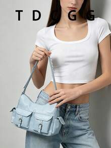Bolso de hombro tipo hobo de moda retro estilo Y2K de piel sintética con múltiples bolsillos, perfecto para ir al trabajo y atuendos diarios - Celeste - Ver 3