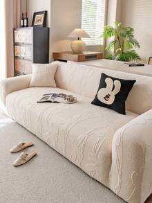 1pc Plush Velvet Sofa Cover, High Stretch Multi-Functional Full Coverage Sofa Slipcover, Geometric Pattern Design Thick Material, Protect Sofa Holiday Decor Sofa Cover, High Elasticity One-Piece Sofa Cover - Beige - View 5