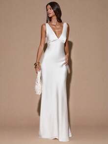 fsvsSHEIN  Vestido de tirantes con escote en V profundo y espalda descubierta, de unicolor amarillo/crema, de estilo minimalista y sexy, adecuado para fiestas, cócteles, ocasiones formales, dama de honor, cumpleaños, Navidad y casual de negociossdvs KE52 - Blanco - Ver 5