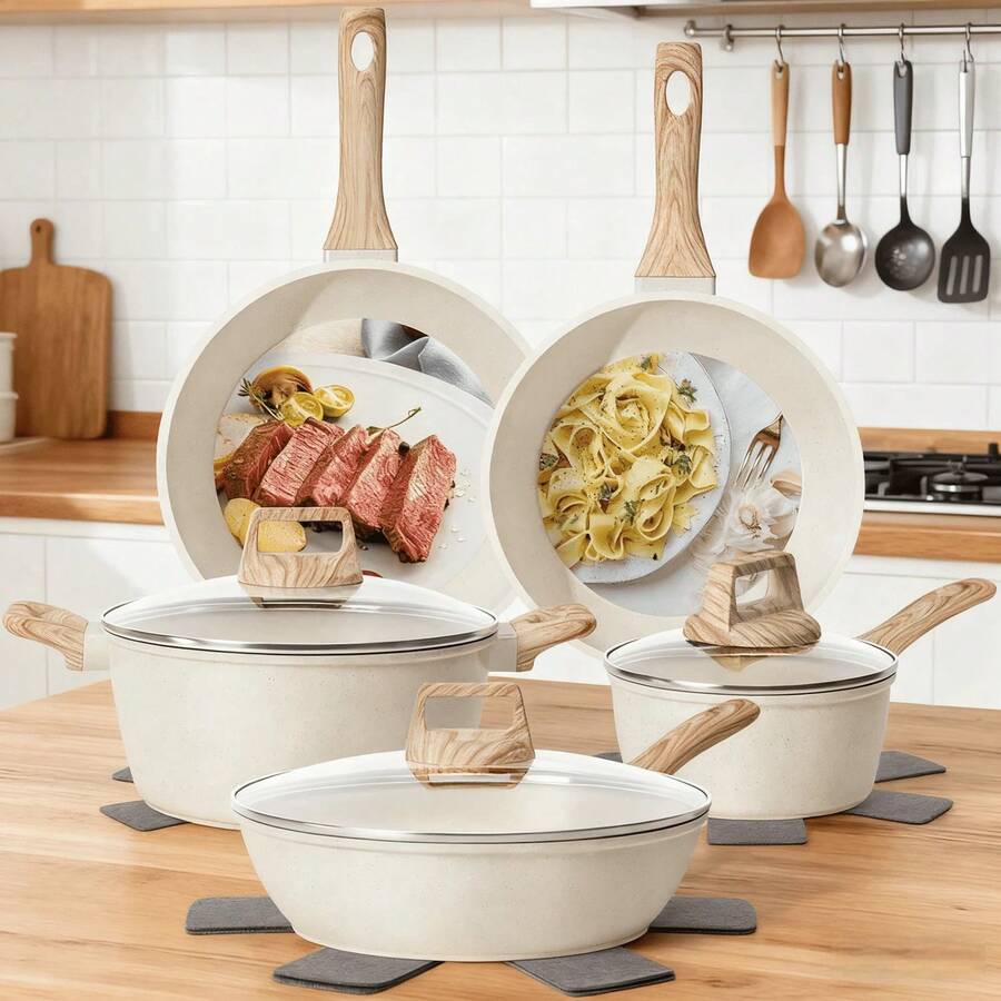 Juego de utensilios de cocina antiadherentes de 12 piezas, juego de utensilios de cocina, juego de utensilios de cocina antiadherentes, juego de utensilios de cocina con revestimiento de granito compatible con inducción, con sartén, olla de cocción lenta, sartén, cacerola, 4 protectores de sartenes, fácil de limpiar, juego de cocina de aluminio duradero, utensilios de cocina (gratis)