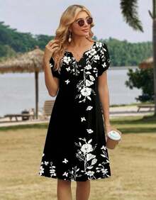 ,Flower Dress Women,2026 Women's Summer Casual Floral V-Neck A-Line T-Shirt Mini Dress Short Sleeve With Pockets Beach Sundress,Casual Summer Dress, S - A03-黑色花卉 - 查看 4