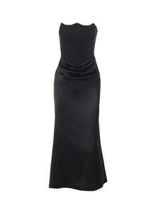 Vestido satén elegante sin tirantes pliegues combinados ajustado sensual estilo europeo para fiestas - Negro - Ver 5