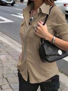 Camisa de servicio de manga larga con cintura ceñida color caqui para mujer, casual para exteriores y para ir al trabajo, otoño - Marrón Mocha - Ver 5