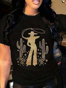 Playera bandera de México para mujerWestern Cowgirl Silhouette T Shirt  Gold Print Cactus Stars Rope Design Women Casual Fashion Top - Negro - Ver 1