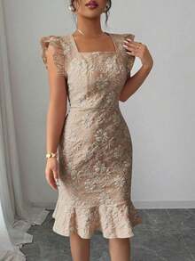 Vestido de mujer con cuello cuadrado, mangas con volantes y bajo con volantes, de unicolor y estampado jacquard, adecuado para uso diario en verano - Camel - Ver 4