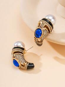 1 par de pendientes de estilo de corte vintage con gemas verdes para mujer, pendientes huecos de perla y oro retro, pendientes de botón de lujo tipo esmeralda, accesorios para vestidos de banquete - Multicolor - Ver 10