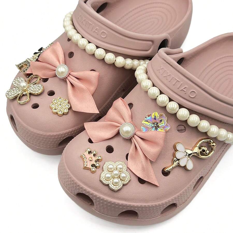 Eiffel Tower Perforated Shoe Charms, Gentle Girl Rhinestone Bow Shoe Flower Decorations, Suitable For Perforated Shoes - Pink - View 1