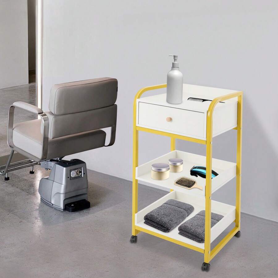 Multi-Functional Mobile Beauty & Hair Salon Organizer Cabinet, 2 Tier Shelves With 1 Drawer, Warm White Rolling Utility Trolley, Wheeled Barber Tool Station, Spa Instrument Storage Holder For Professional Hairdressing And Beauty Parlor - A - View 1