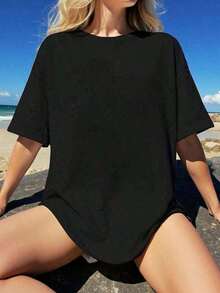 1 Women's Short Sleeve Crew Neck Loose Fit T-Shirt For Spring/Summer - Comfortable Loose Cotton T-Shirt With Vintage And Urban Style - Casual Summer Vintage Print Cotton T-Shirt, Suitable For Couples, 100% Cotton, Summer Top, 180g 100% Cotton - 黑色 - 查看 4