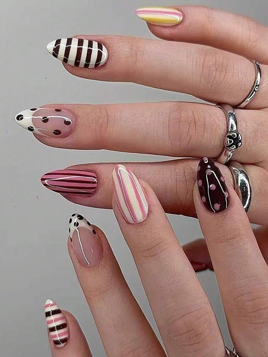 NAIO 30pcs/Set Press On Nails Almond Nail Tips, Y2K Baddie Style, Color Combinations Including Black, White, And Fuchsia; French Pointed Toe; Striped And Polka Dot Design.Suitable For Women And Girls, Party, Daily Wear, Comes With Tool Kit, Great Gift For Ladies Nails - Multicolor - View 1