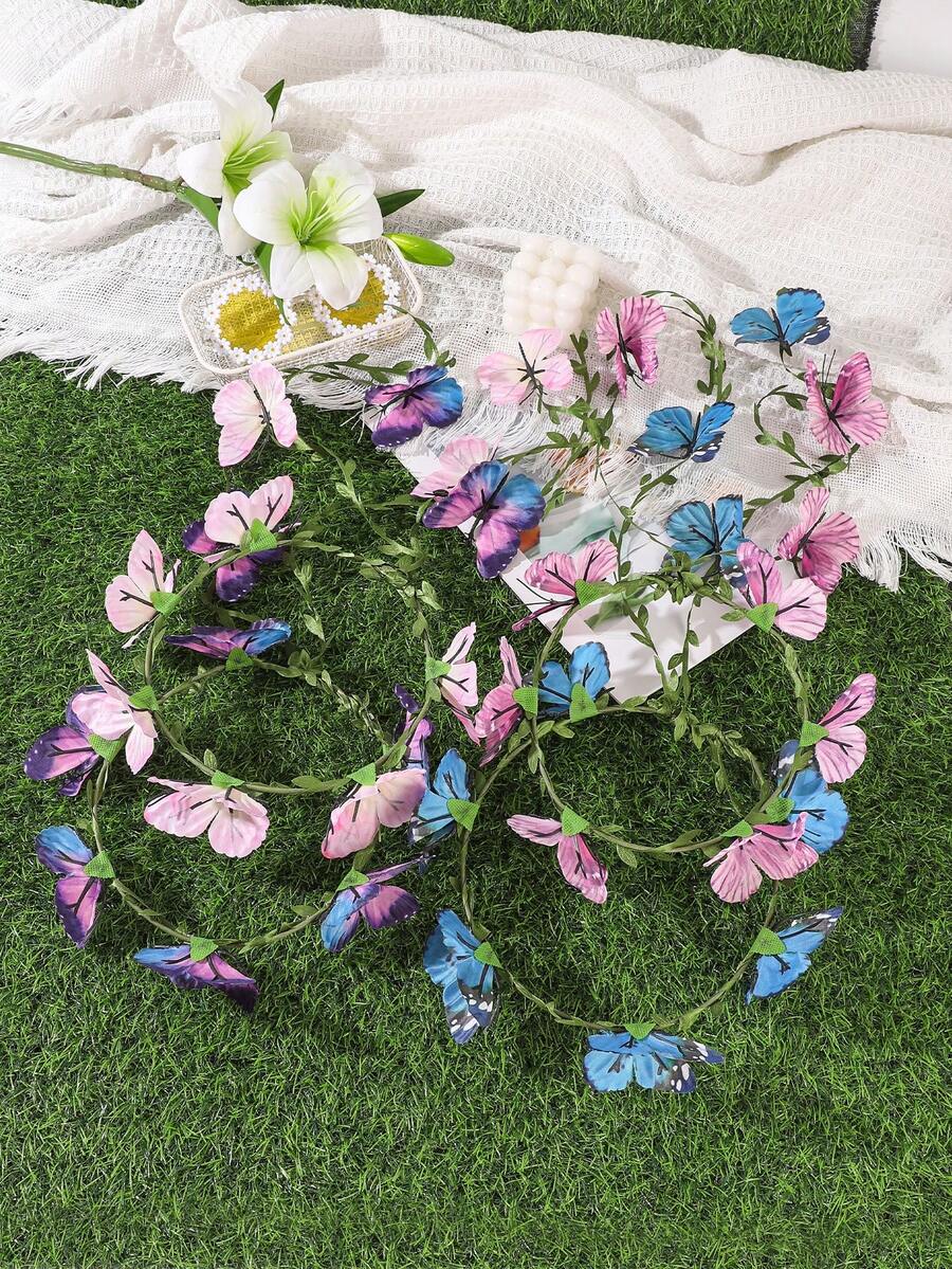 1件波希米亞風人造蝴蝶花冠,長藤編織花冠,度假/派對/拍照多功能髮飾,髮環,頭飾花環 - 彩色 - 查看 1