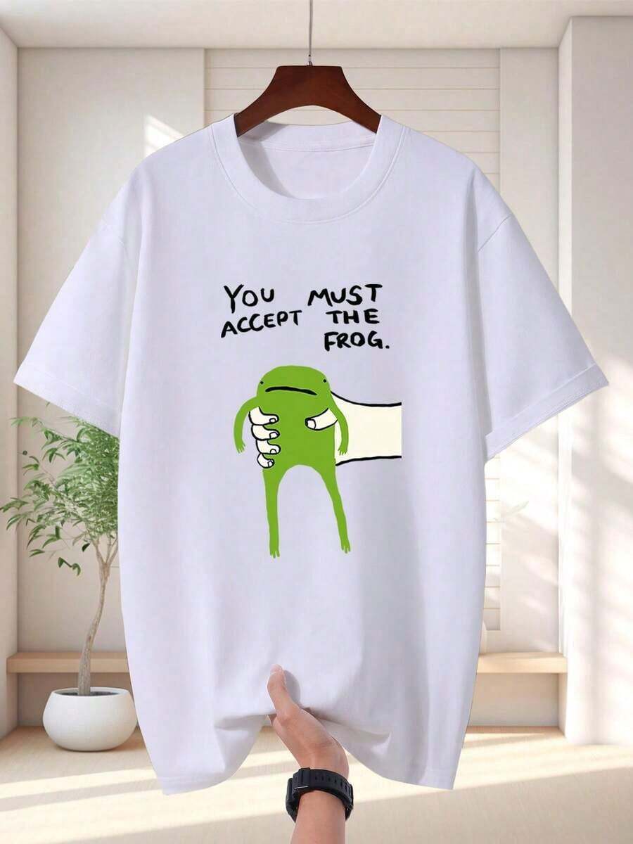 Men's 100% Cotton Printed T-Shirt - Pattern You Must Accept The Frog Black Casual Short Sleeve Summer Top Regular Fit Machine Wash Ribbed Collar Fun Cartoon Design Frog Theme Weekend Outfit Comfortable And Streetwear Printed T-Shirt I9FD - 白色 - 查看 1