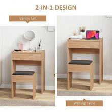Chipboard Dressing Table Set Kushioned Stool Flip-Up Mirror Multipurpose - Wood Grain - View 2