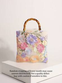 Un bolso de estilo de vacaciones de verano, con un color base beige, decorado con bordado floral 3D vibrante y un asa de bambú. Este bolso cuadrado está hecho de una mezcla de lino y lona, que encarna un encanto rústico encantador. Es el accesorio perfecto para vacaciones en el campo, fiestas de té en el jardín, picnics al aire libre, viajes a la playa y fotografía con temática floral. - Rosa - Ver 2