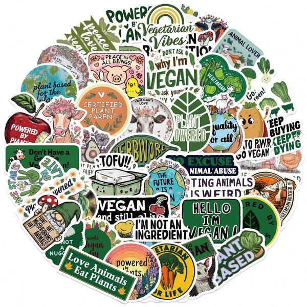 50 piezas Pegatinas de dibujos animados veganos, pegatinas estéticas para scrapbooking, pegatinas divertidas vegetarianas, regalos, pegatinas para cascos, pegatinas para motos de cross, pegatinas de vinilo resistentes al agua para botellas de agua, computadoras, portátiles, teléfonos, equipaje, cuadernos, refrigeradores