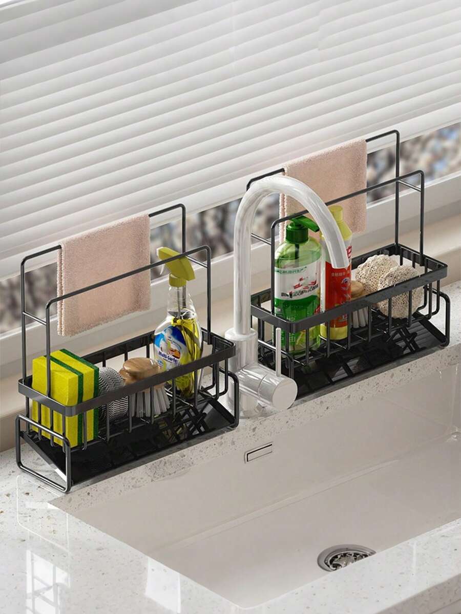 Organizador de fregadero de cocina, cesta escurridor de esponjas de encimera, estante de almacenamiento de líquido lavavajillas, colgador de paños de cocina, estante colgante de almacenamiento multifuncional