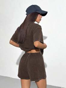 Set de 2 piezas, camiseta y pantalones cortos, de estilo vintage para mujer - Marrón - Ver 2