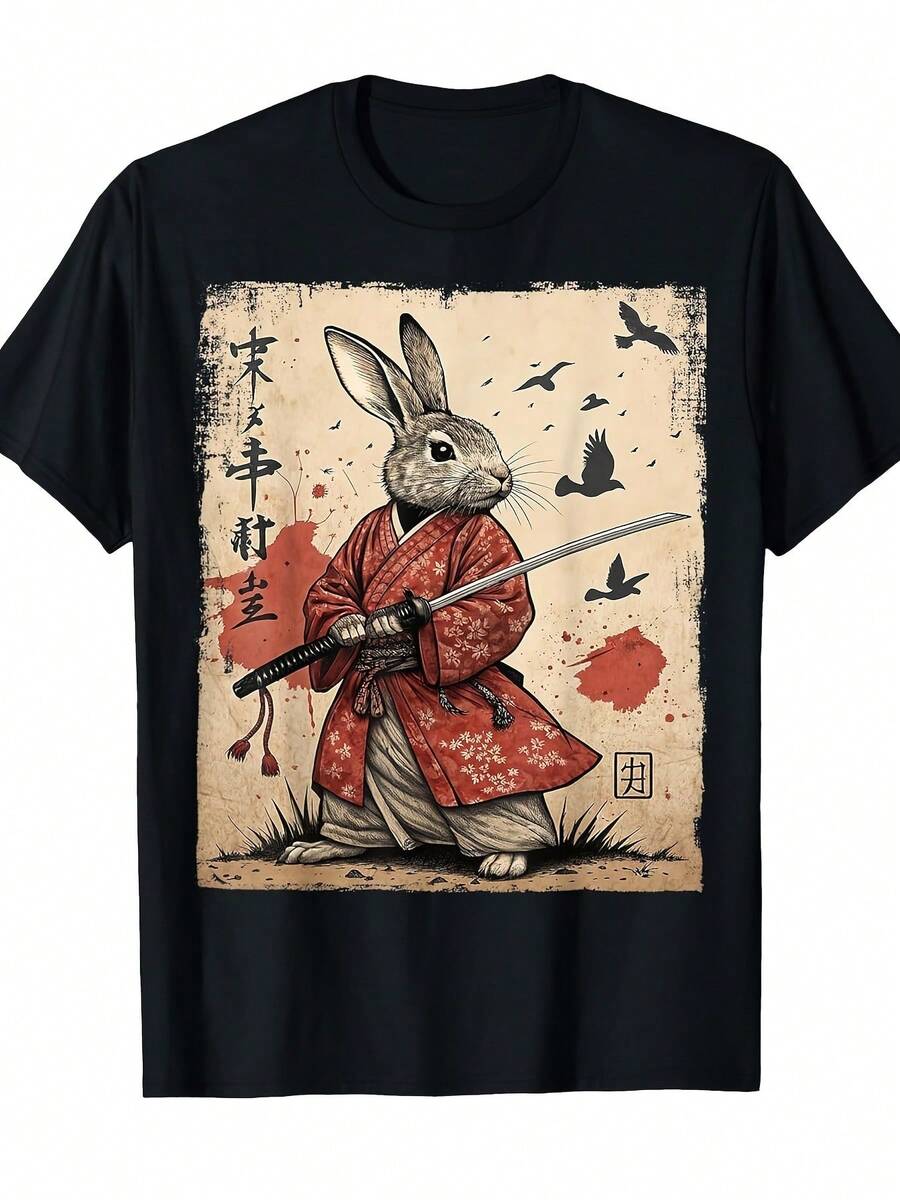 Samurai Rabbit Men's Shirt, Japanese Anime Style Retro Manga Graphic Tee With Samurai Rabbit Character, Casual Short-Sleeved Shirt For Comic Conventions And Casual Wear, Washable Anime Garment For All Year Round, Loose And Comfortable. - Back - View 1