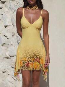 Vestido camisero de verano con estampado de lunares y bajo asimétrico para mujer - Amarillo claro 2 - Ver 6