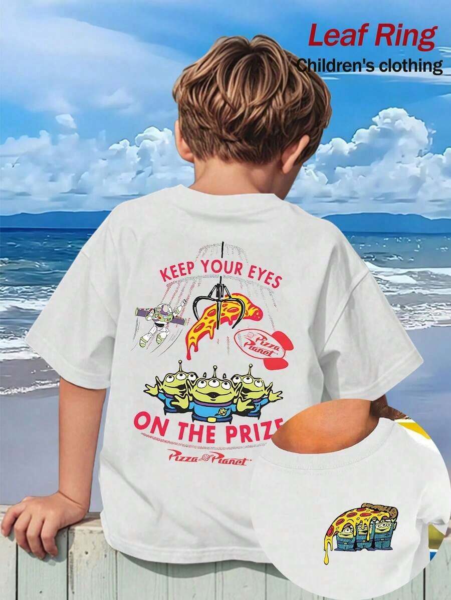 Camisetas de Verano de , Camiseta Gráfica de Buzz  y Pizza Planet, Perfecta para Chicos Geniales.Regalo para Adolescente, Camiseta de Manga Corta para Niños, Cómoda y Transpirable.Ropa infantil de 180g de algodón puro, adecuada tanto para niños como para niñas. Ideal para uso diario, vacaciones, actividades al aire libre y como regalo para niños. - Azul - Ver 1