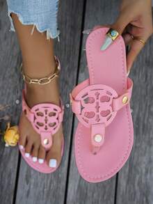 2026 New Wide Fit Fringe Trim Woven Flat Slides, Linen-Like Square Toe Sandals, Plus Size Friendly - Pink - View 2