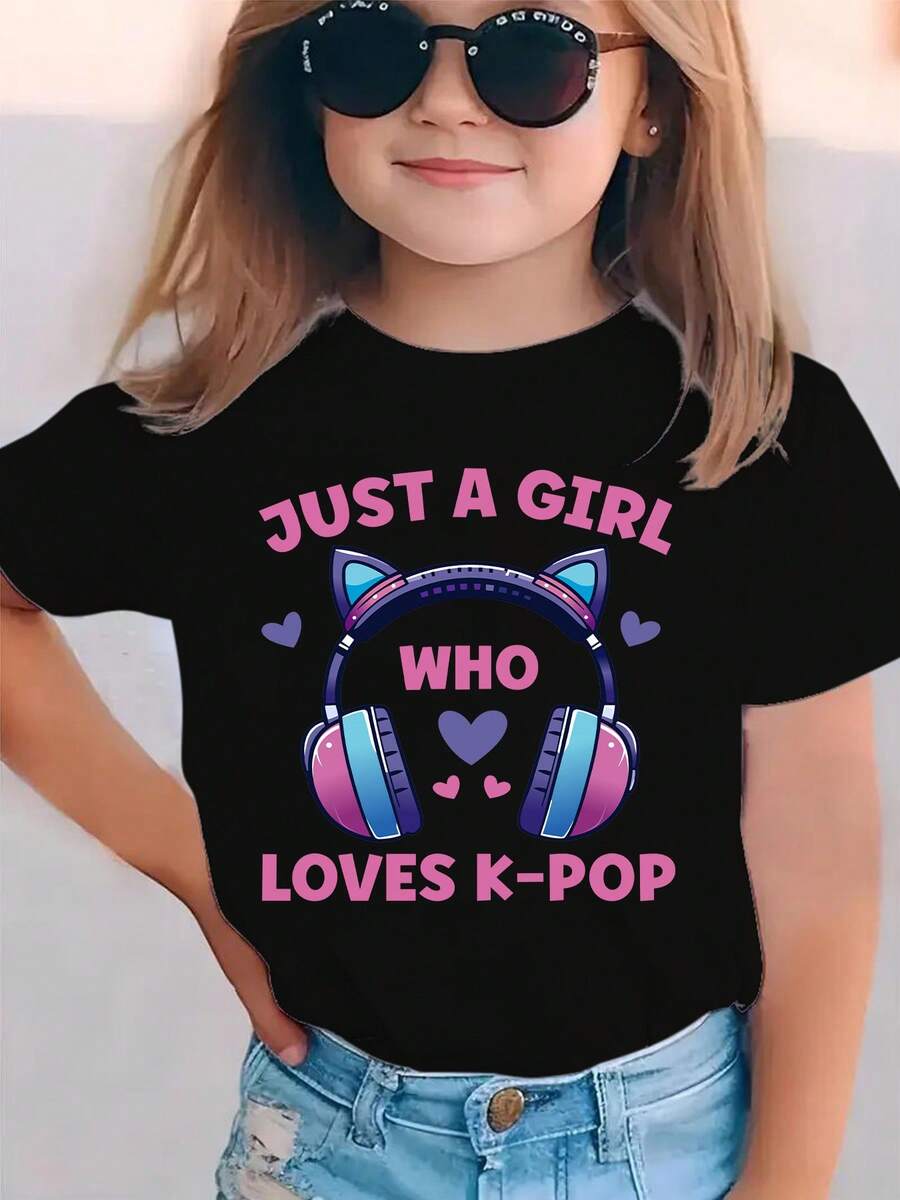 Girls' Short Sleeve T-Shirt, Summer Fashion, With "JUST A GIRL WHO LOVES K-POP" Cartoon Print For Over-Ear Headphones, Casual Top That Matches Everything, NY-DX7544 - 黑色 - 查看 1