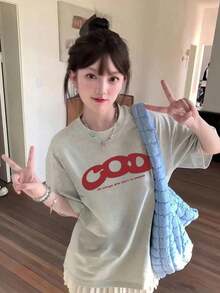 [ 100% Cotton ] Recommended New Products For Summer 2026: Lace Logo T-Shirt, Summer Dress, Women's Fashion T-Shirt, Short Sleeve Office Casual 200g Cotton Cartoon Character Printed Loose White Top, Y2K Women's Top, Spring Dress Top - Light Gray - View 5