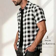 LK Checkered Printed Men's Short-Sleeve Dress Shirt For June Festivals - 白色 - 查看 2