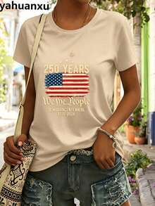 4th Of July Outfit WomenUSA 250th AnniversaryCommemorative Print Women's InspiredT-Shirt Short RoundNeckTopWhite LightweightY2K Short Sleeve Round Nec - 杏色1 - 查看 2