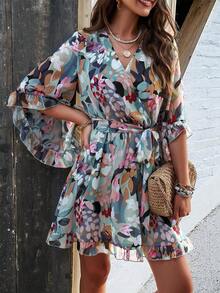 aVestido corto con volantes estampado PoPoHouse, vestido ligero con mangas acampanadas y cinturilla para mujer, elegante vestido corto para vacaciones y playa en primavera y verano - Burdeos - Ver 10