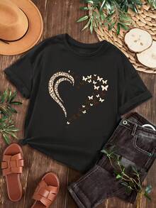 Camiseta con estampado de corazón, camiseta casual de manga corta y cuello redondo. - Negro - Ver 1