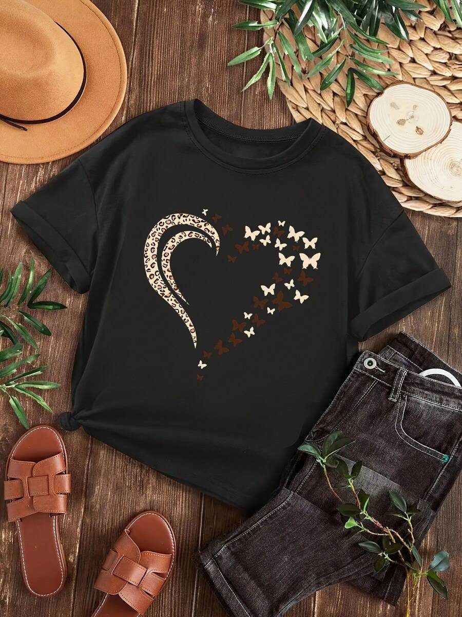 Camiseta con estampado de corazón, camiseta casual de manga corta y cuello redondo. - Negro - Ver 1