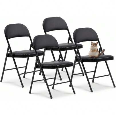 Vinyl Folding Chairs, Padded Vinyl Cushion Chairs With Durable Metal Frame, Indoor Outdoor Stackable Foldable Guest Chairs For Office Wedding Kitchen Dining, 300lb Capacity (Black, 4 Pack)
