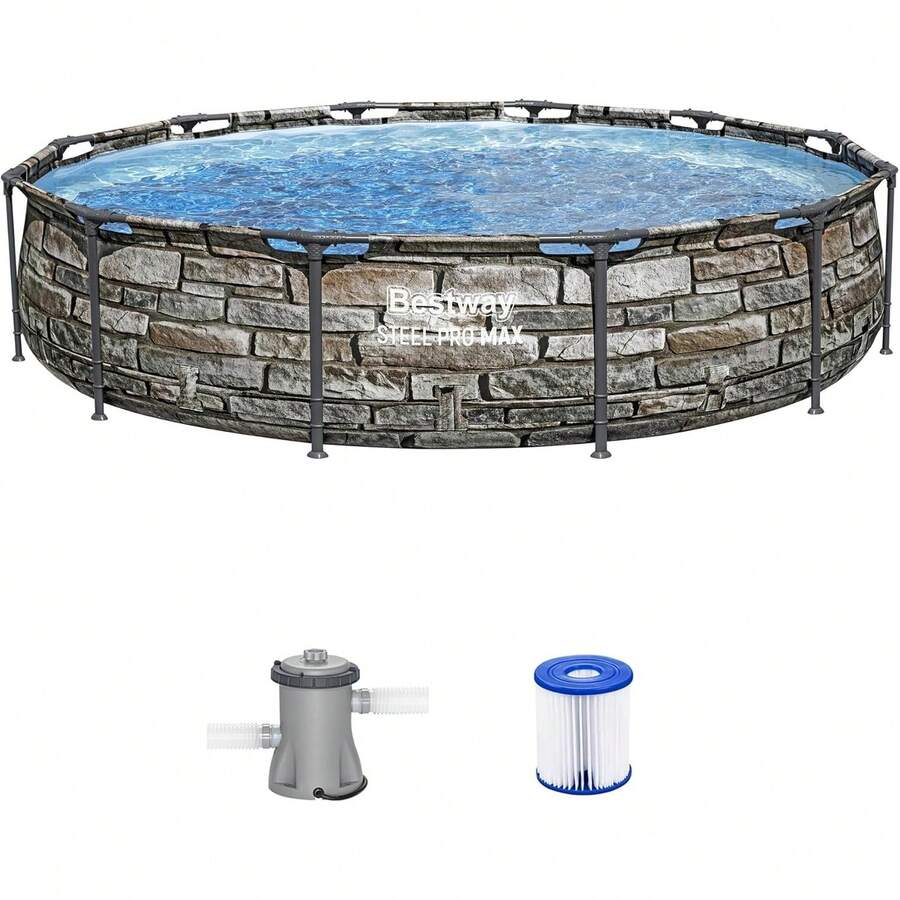 Steel Pro 10' X 30 Above Ground Pool, Round Metal Frame Outdoor Swimming Pool Set With Pump & Type I Cartridge, Gray - 12英尺 x 30英寸,石材 - 查看 1