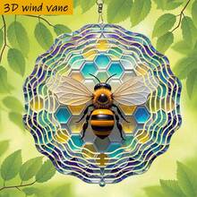 3D立体“蜜蜂在彩色蜂巢上翩翩起舞”摆件,尺寸25.5厘米/10英寸*25.5厘米/10英寸,带旋转挂钩,可360°旋转DIY创意风车,金属材质,户外庭院花园装饰 - A - 查看 4