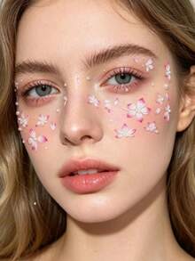 1pc Delicate Cherry Blossom Petal Face Rhinestone Sticker, Spring Date Everyday Eye Makeup Decor Self-Adhesive Pearl Accessory, Slouchy Quick Makeup Face Pearl Sticker, Multi-Pattern Sakura Petal Letter Dot Combination, Party Photo Shoot Daily Makeup Pearl Sticker - Multicolor - View 2