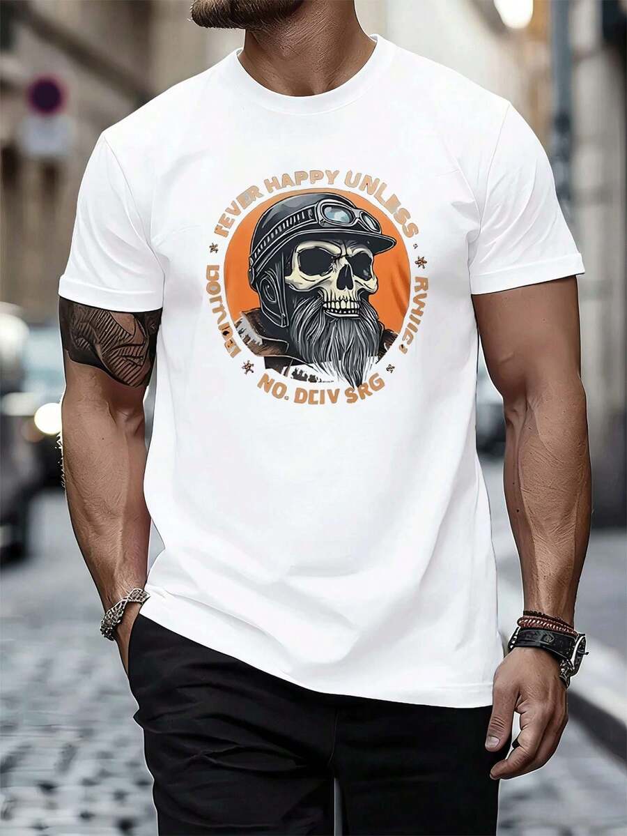 Camiseta de hombre con estampado gráfico de calavera motera, informal, de algodón suave, corte holgado y cómodo, estilo hip-hop urbano, estampado artístico. - Blanco - Ver 1