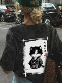 Short-Sleeved T-Shirt With Round Neck, Samurai Cat Print And Tie-Dye, Minimalist And Fashionable Style For Summer, Versatile And Elegant Blouse For Women In Black Unisex (Retro Style, Unisex, Casual Blouses For Women, Women's T-Shirts) - 黑色 - 查看 5