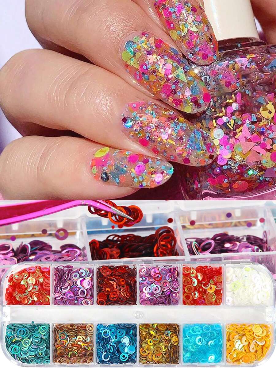 12 Grids Holographic Round Circular Resin Sequins Glitter,Round Flake Nail Design Supplies,Macaron Bubble Manicure Ornaments Additions - Multicolor - View 1