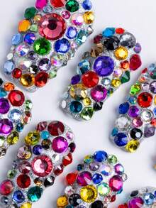 Premium Handmade Medium Square 3D Crystal Rhinestone Press On Nails, Full Cover Multicolor Bling Nail Art Set, Festival And Party Looks, Valentines Day Nails Summer - 許多 - 查看 6