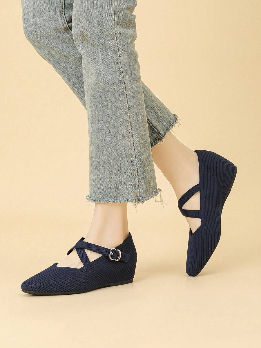 Women's Square Toe Low Vamp Knit Breathable Mary Jane Strap Adjustable Buckle Solid Color Casual Hidden Wedge Shoes, Suitable For Petite, Wearable All Seasons