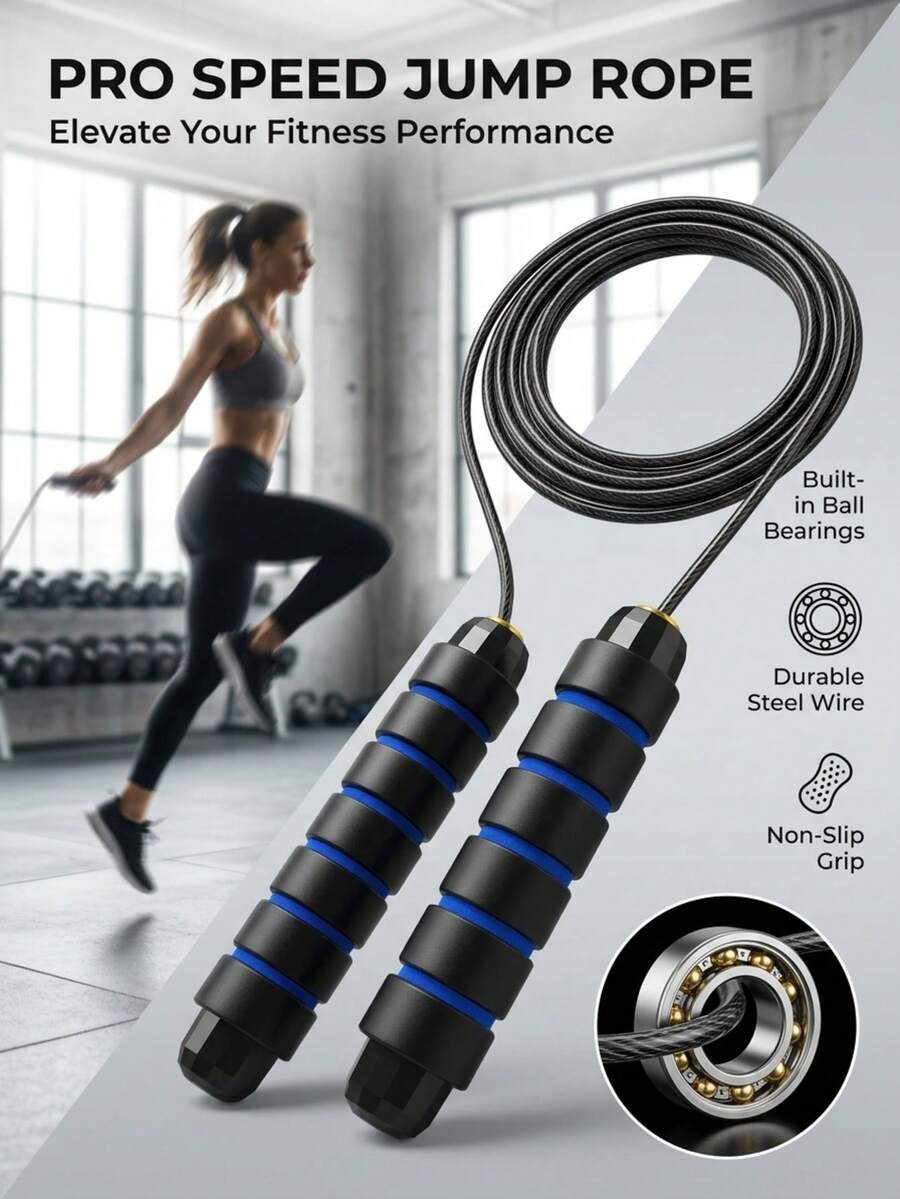 Premium 3M Adjustable Blue Steel Wire Jump Rope For Aerobic Exercise Cardio Training And Slim Body Tangle-Free 360 Ball Bearing Rapid Speed Cable Home Gym Workout Equipment Travel Essential For Men Women Adults - 藍色 - 查看 1