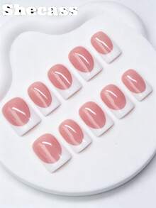 Shecass10 手工穿戴甲，長方形短款白色法式 YK2 壓克力假指甲，附 3 件美甲工具與美甲膠，美甲用品，適合女性與女孩，適用派對、旅行、日常、學校、春夏季、度假、音樂祭、返校季 - 白色 - 查看 1