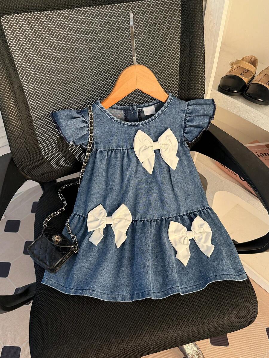 Baby Girl Cute Casual Bow Decor Sleeveless Dress, Suitable For Daily, Outdoor, Street, School, Commute, Party In Summer - Blue - View 1