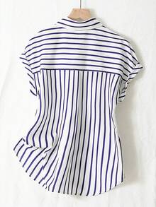 Plus Size Summer Fashion Striped Single-Breasted Drop Shoulder Short Sleeve Shirt, Polyester Contrast Color Front Button Closure, Short Front Long Back Design - Blue Stripes - View 4