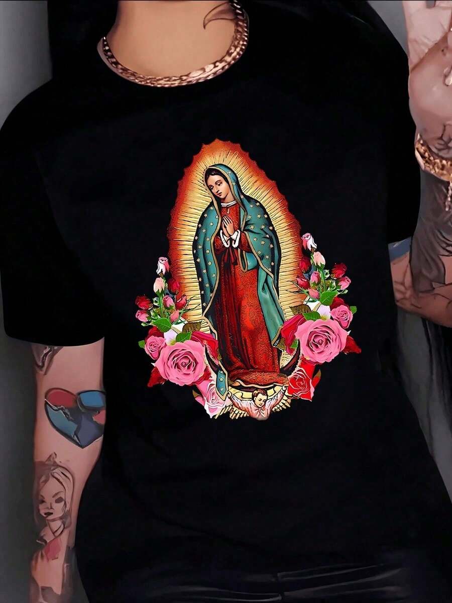 [Flash ] Luminous Figure Of A Traditional Symbol Surrounded By Vibrant Roses, Evoking Spiritual Protection And Eternal Hope With Warm Tones And Fine Details. Elegant, Casual, Comfortable Women's T-Shirt For Everyday Wear. Y2K Style T-Shirt For Women. - 黑色 - 查看 1